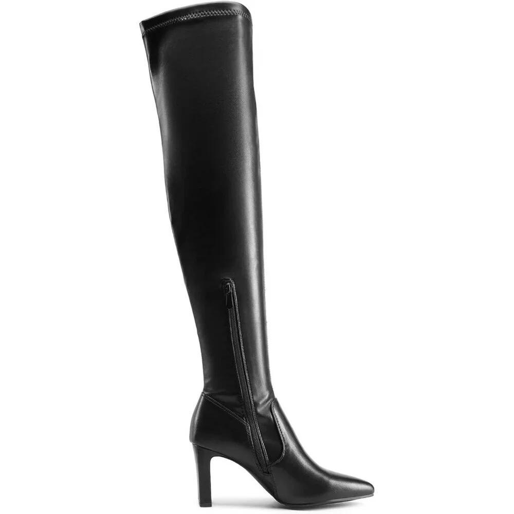 Women's Black Suede Over The Knee Thigh High Chunky High Heels Pointed Toe Boots